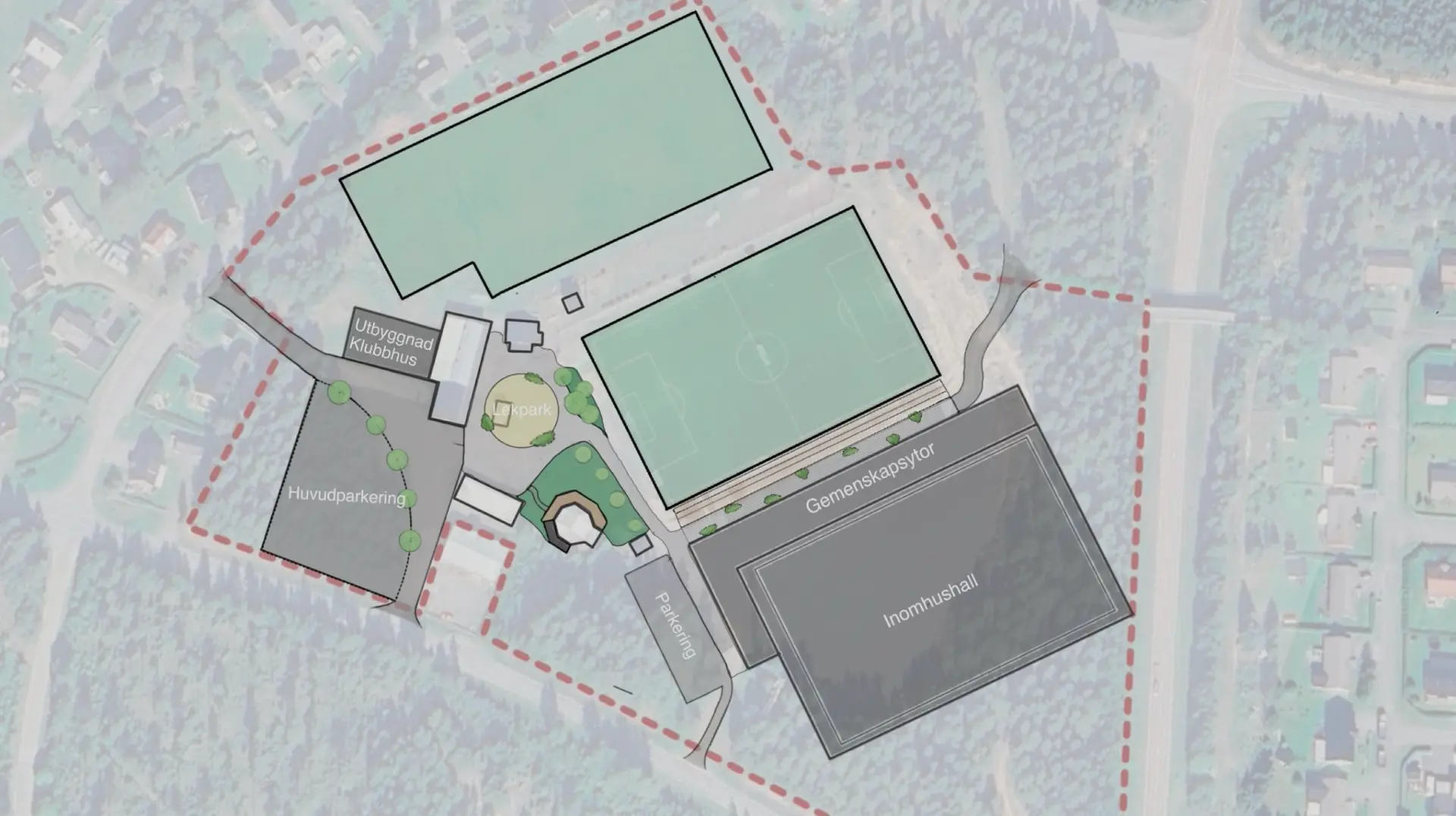Områdesplan över nya Olympia med inomhushall, fotbollsplaner, klubbhus, lekpark, gemenskapsytor och parkering