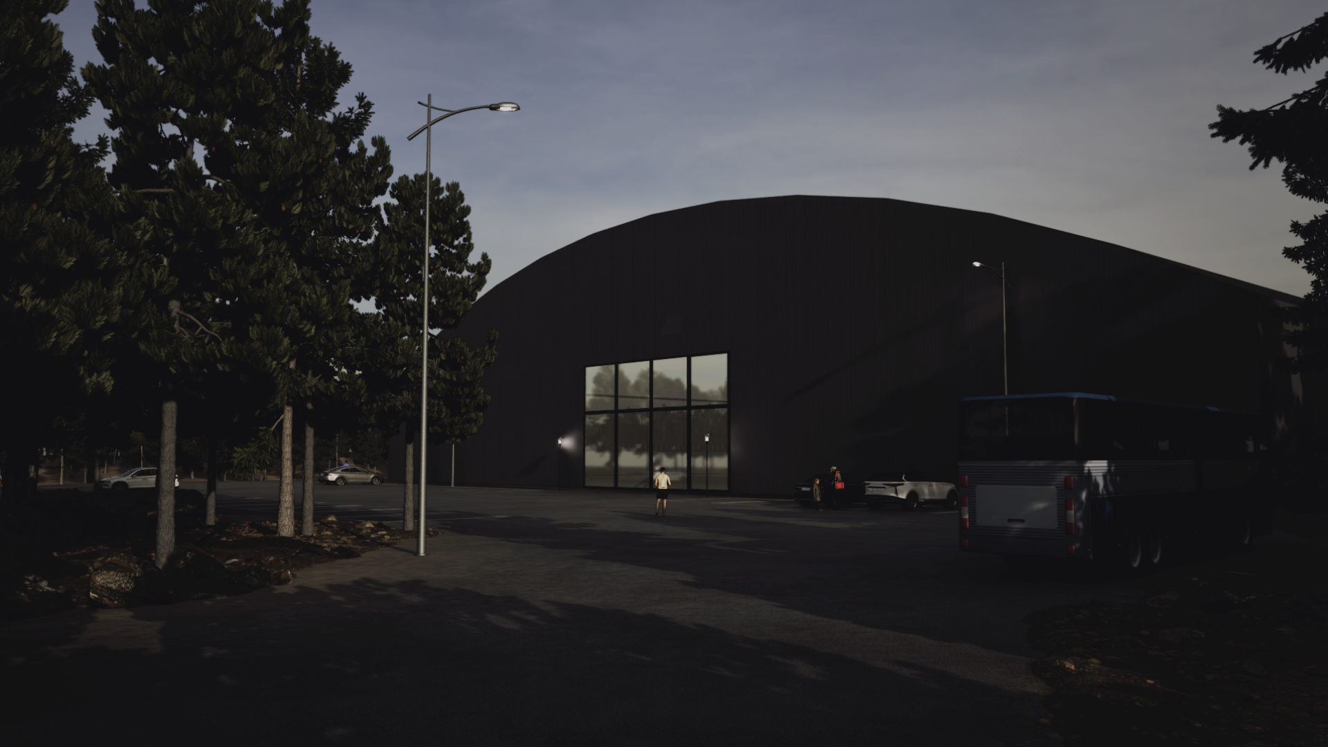 Visualisering av inomhushallens entré med glasparti i kvällsljus
